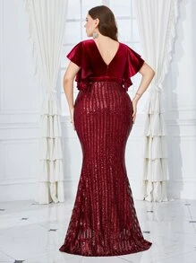 SHEIN Belle Burgundy Red Plus Butterfly Sleeve Contrast Sequin Dress - Burgundy - View 3