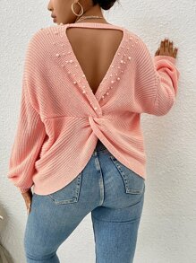 SHEIN Clasi Plus Pearls Beaded Cut Out Twist Back Drop Shoulder Sweater - Coral Pink - View 1