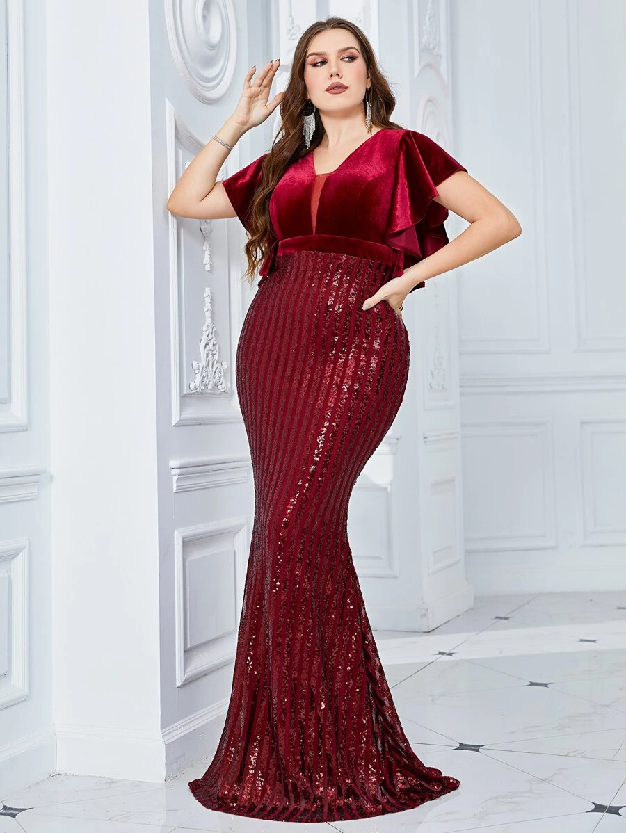 SHEIN Belle Burgundy Red Plus Butterfly Sleeve Contrast Sequin Dress - Burgundy - View 1