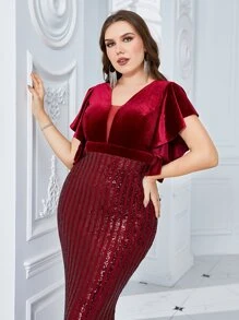 SHEIN Belle Burgundy Red Plus Butterfly Sleeve Contrast Sequin Dress - Burgundy - View 2