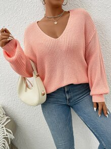 SHEIN Clasi Plus Pearls Beaded Cut Out Twist Back Drop Shoulder Sweater - Coral Pink - View 3