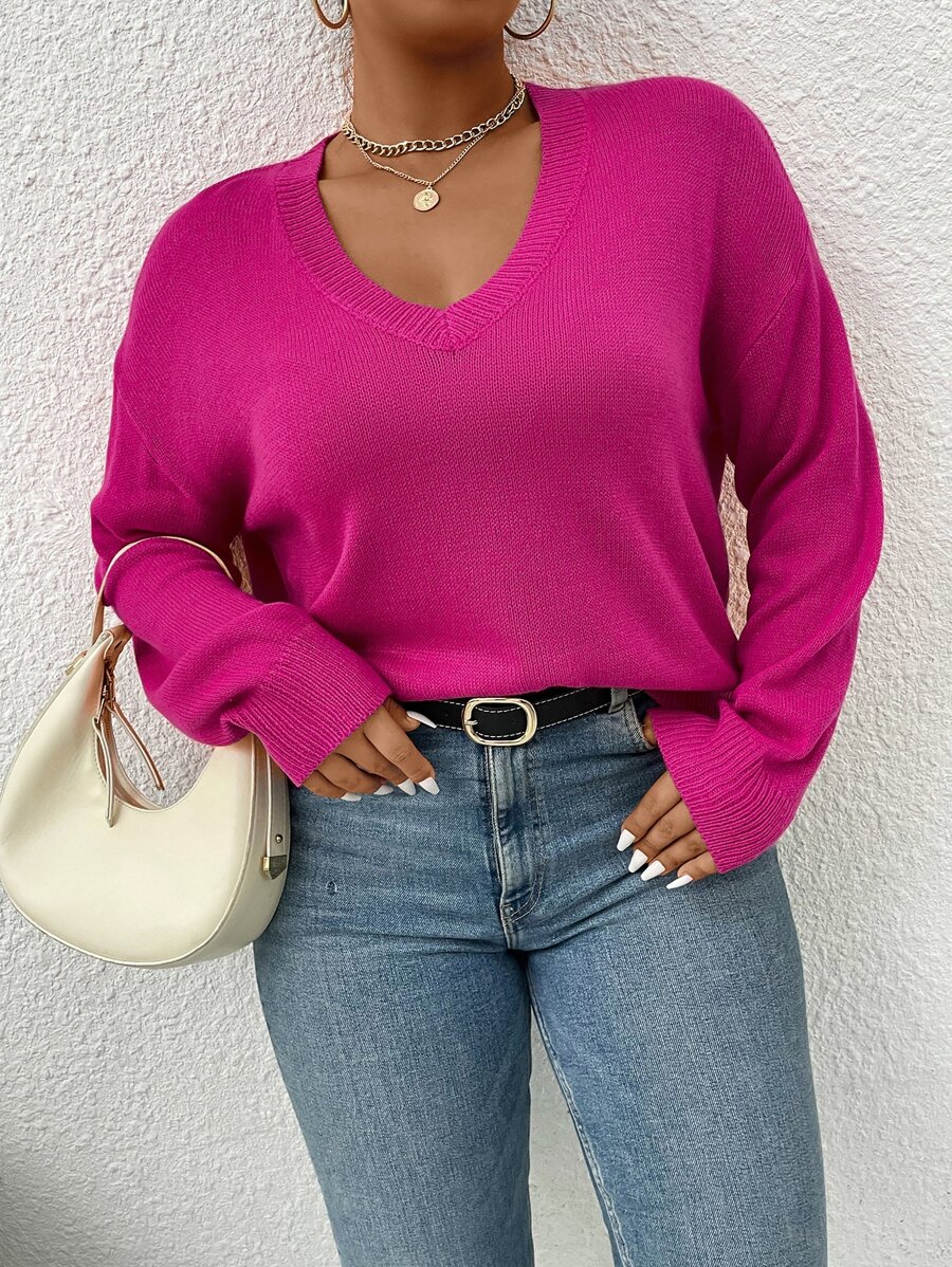 SHEIN LUNE Áo len Plus Size màu trơn Giải trí - Màu Hồng Tươi - Xem 1