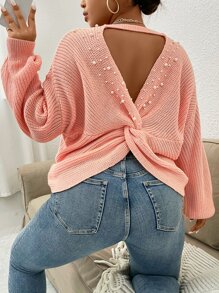 SHEIN Clasi Plus Pearls Beaded Cut Out Twist Back Drop Shoulder Sweater - Coral Pink - View 5