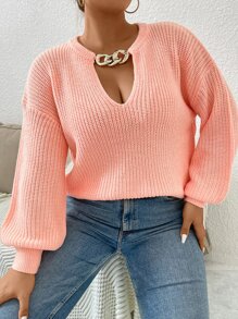Celure Plus Chain Detail Choker Neck Drop Shoulder Jumper - Coral Pink - View 5
