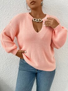 Celure Plus Chain Detail Choker Neck Drop Shoulder Jumper - Coral Pink - View 6