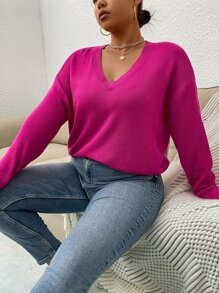 SHEIN LUNE Áo len Plus Size màu trơn Giải trí - Màu Hồng Tươi - Xem 4