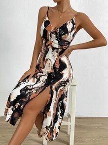 SHEIN Privé Allover Print Split Thigh Cami Dress - Orange - View 1