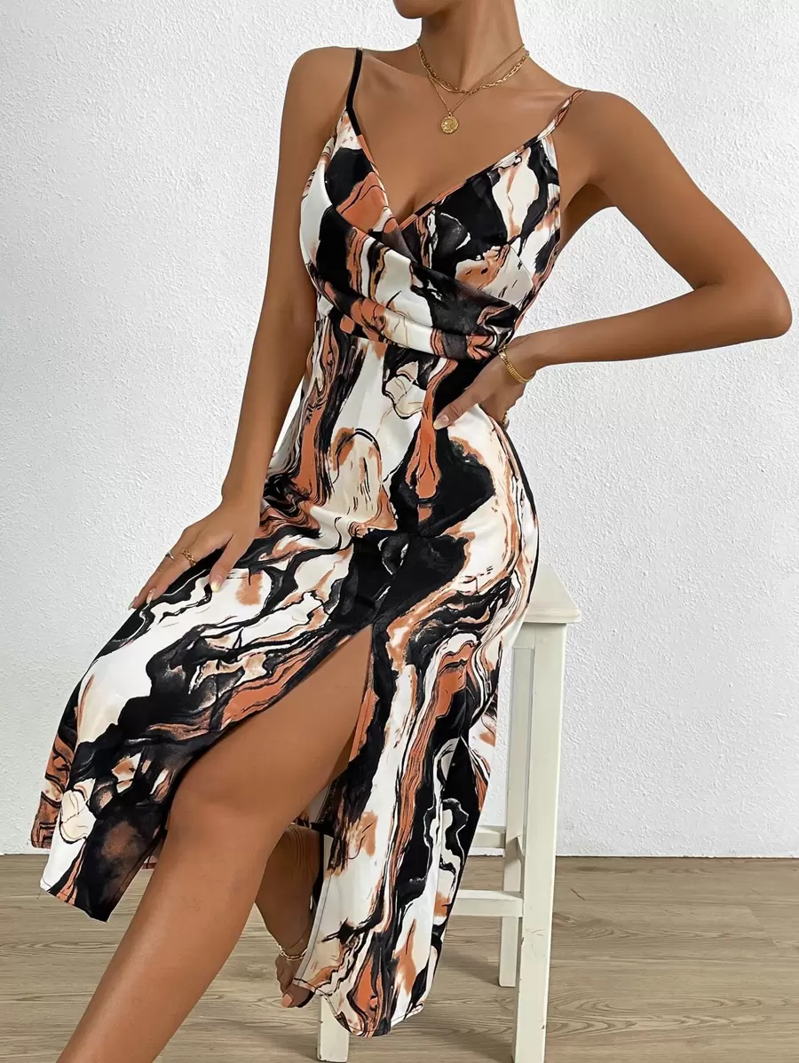 SHEIN Privé Allover Print Split Thigh Cami Dress - Orange - View 1