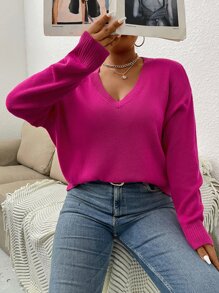 SHEIN LUNE Áo len Plus Size màu trơn Giải trí - Màu Hồng Tươi - Xem 5