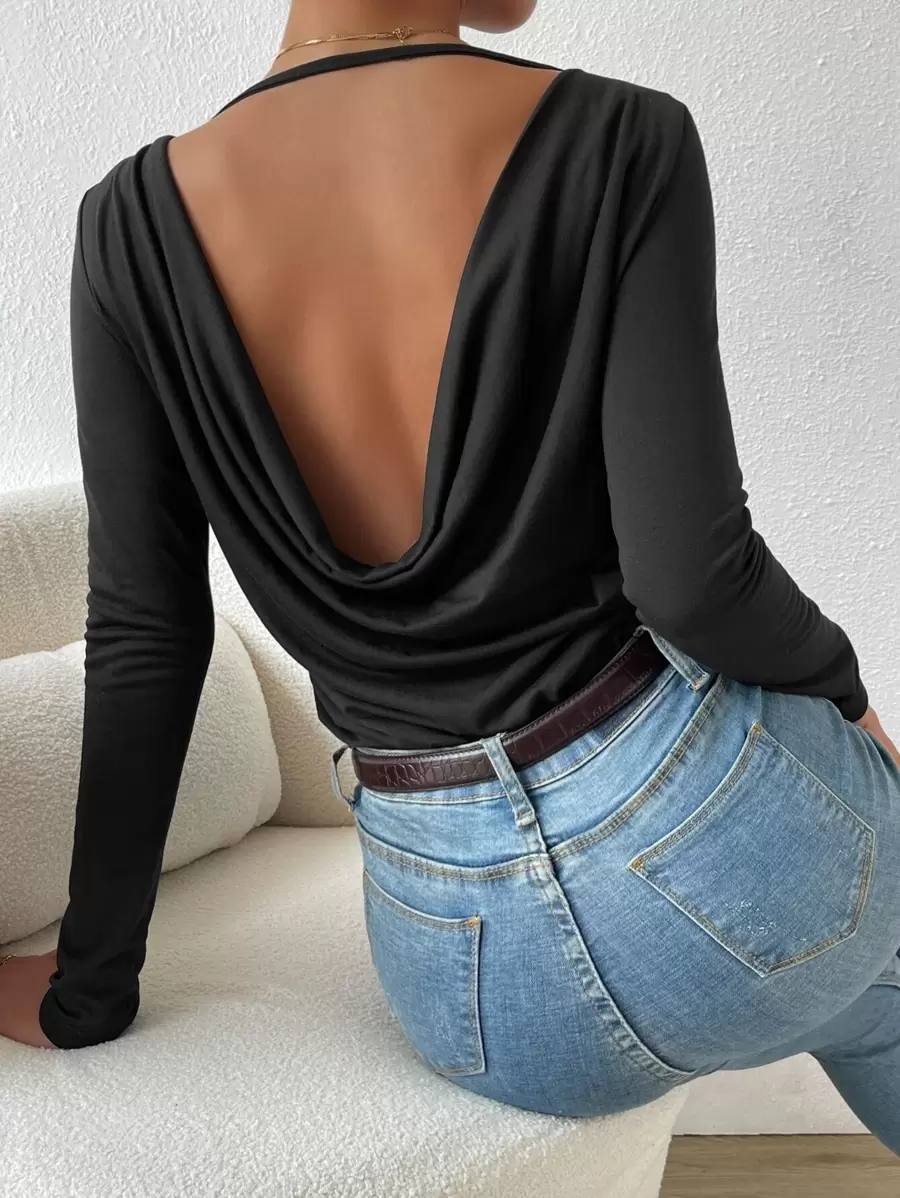 SHEIN Privé 垂墜露背素色T恤 - 黑色 - 查看 1