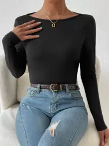 SHEIN Privé 垂墜露背素色T恤 - 黑色 - 查看 3