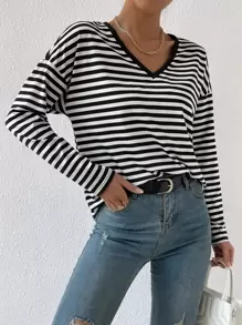 SHEIN LUNE 條紋印花V領T恤 - 黑與白 - 查看 4