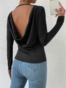 SHEIN Privé 垂墜露背素色T恤 - 黑色 - 查看 4