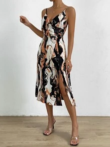 SHEIN Privé Allover Print Split Thigh Cami Dress - Orange - View 6