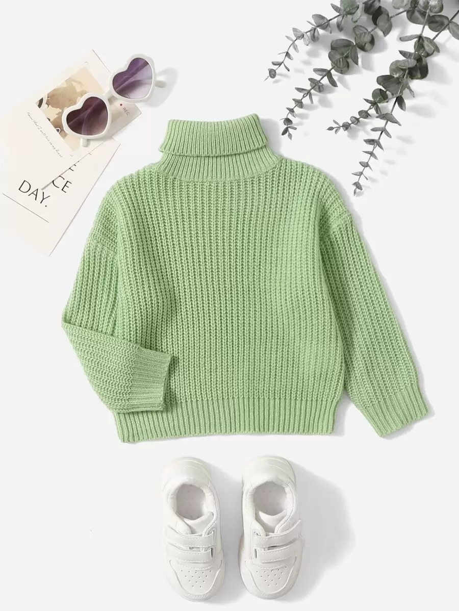 SHEIN Baby Turtleneck Drop Shoulder Jumper - Lime Green - View 1