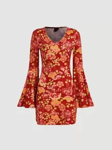 SHEIN MOD 印花喇叭袖洋裝 - 彩色 - 查看 2