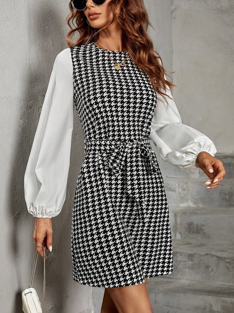 Houndstooth Print Lantern Sleeve Belted Dress | SHEIN USA
