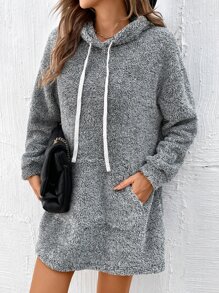 SHEIN LUNE Kangaroo Pocket Drawstring Teddy Hoodie Dress - Grey - View 1