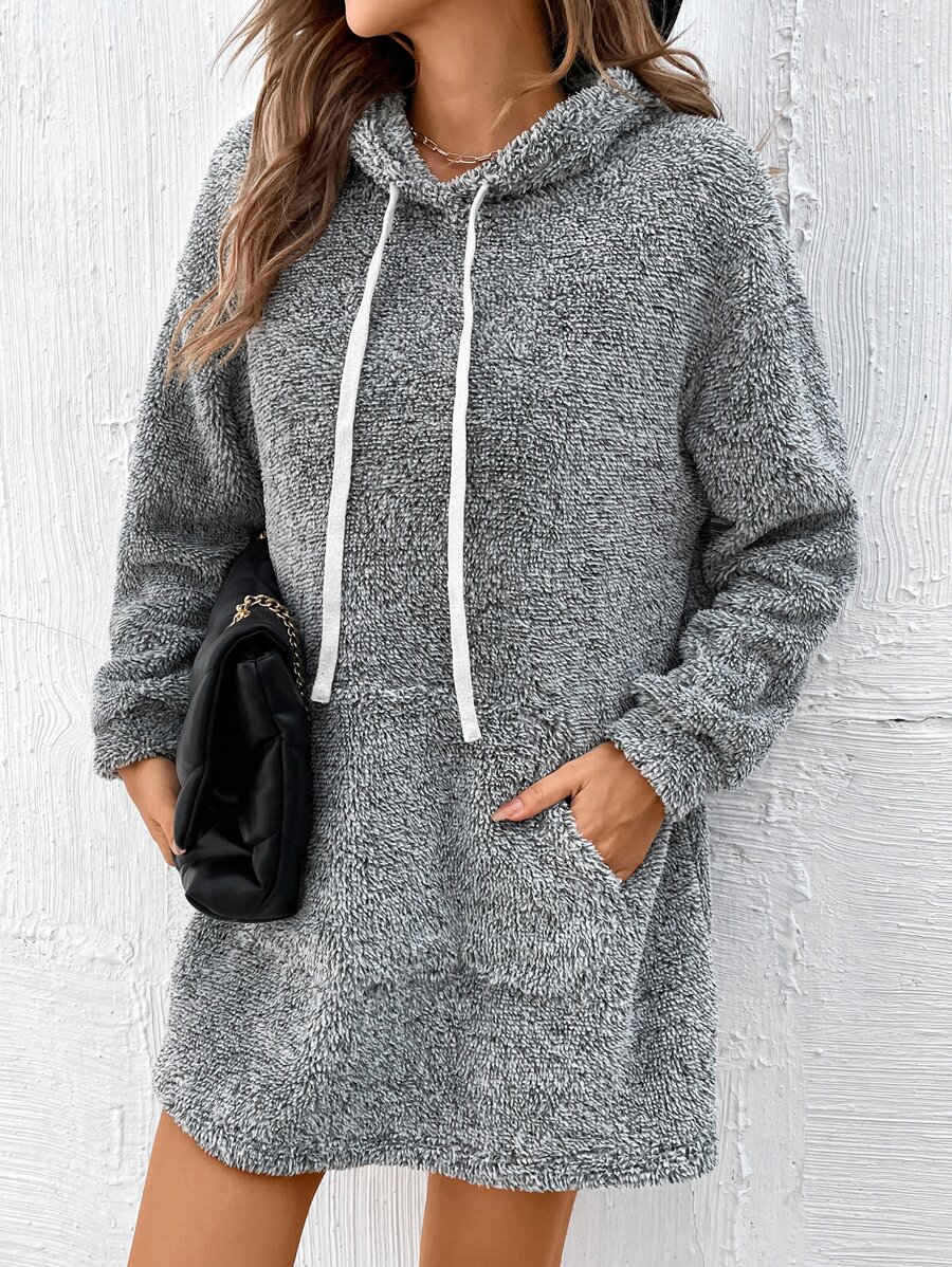 SHEIN LUNE Kangaroo Pocket Drawstring Teddy Hoodie Dress - Grey - View 1