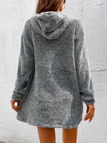 SHEIN LUNE Kangaroo Pocket Drawstring Teddy Hoodie Dress - Grey - View 2