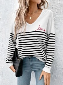 EURMUSE Striped & Letter Pattern Raglan Sleeve Jumper - Black and White - View 1