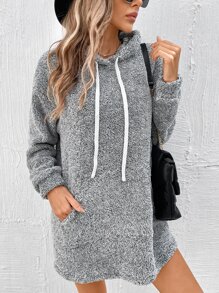 SHEIN LUNE Kangaroo Pocket Drawstring Teddy Hoodie Dress - Grey - View 10