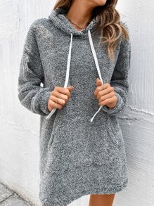 SHEIN LUNE Kangaroo Pocket Drawstring Teddy Hoodie Dress - Grey - View 4