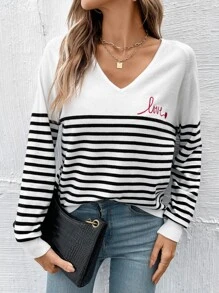 EURMUSE Striped & Letter Pattern Raglan Sleeve Jumper - Black and White - View 4