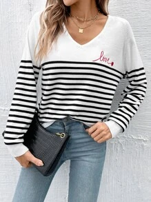 EURMUSE Striped & Letter Pattern Raglan Sleeve Jumper - Black and White - View 5