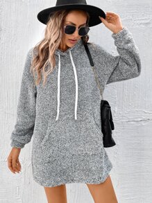 SHEIN LUNE Kangaroo Pocket Drawstring Teddy Hoodie Dress - Grey - View 6
