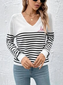 EURMUSE Striped & Letter Pattern Raglan Sleeve Jumper - Black and White - View 6