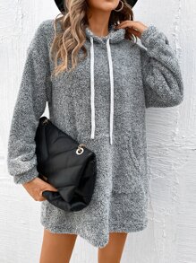 SHEIN LUNE Kangaroo Pocket Drawstring Teddy Hoodie Dress - Grey - View 8