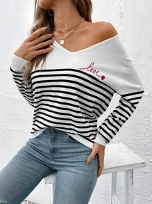 EURMUSE Striped & Letter Pattern Raglan Sleeve Jumper - Black and White - View 7