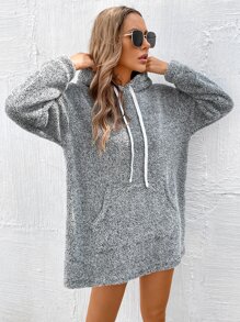 SHEIN LUNE Kangaroo Pocket Drawstring Teddy Hoodie Dress - Grey - View 9