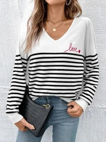 EURMUSE Striped & Letter Pattern Raglan Sleeve Jumper - Black and White - View 9