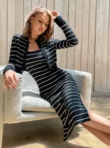 SHEIN Essnce Vestido de tirantes de rayas tejido de canalé con abrigo - Negro - Ver 1