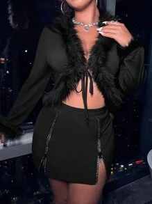 Celure Top corto ribete lanudo con nudo delantero - Negro - Ver 3