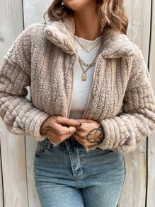 SHEIN LUNE Cazadora teddy con cremallera de hombros caídos corto - Caqui - Ver 1