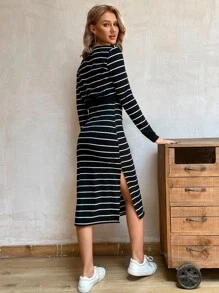 SHEIN Essnce Vestido de tirantes de rayas tejido de canalé con abrigo - Negro - Ver 2