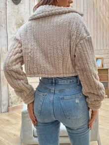 SHEIN LUNE Cazadora teddy con cremallera de hombros caídos corto - Caqui - Ver 2