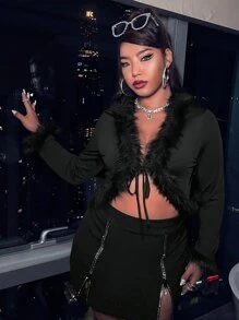 Celure Top corto ribete lanudo con nudo delantero - Negro - Ver 5