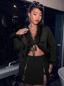 Celure Top corto ribete lanudo con nudo delantero - Negro - Ver 6