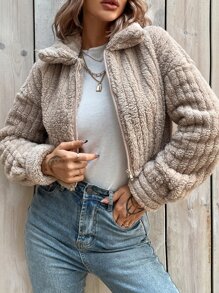 SHEIN LUNE Cazadora teddy con cremallera de hombros caídos corto - Caqui - Ver 3