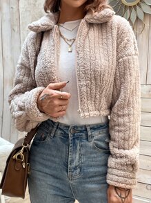 SHEIN LUNE Cazadora teddy con cremallera de hombros caídos corto - Caqui - Ver 4