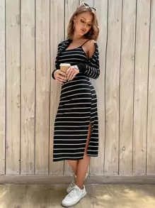 SHEIN Essnce Vestido de tirantes de rayas tejido de canalé con abrigo - Negro - Ver 5