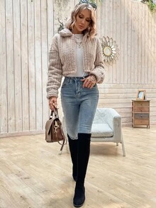 SHEIN LUNE Cazadora teddy con cremallera de hombros caídos corto - Caqui - Ver 5