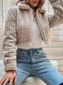 SHEIN LUNE Cazadora teddy con cremallera de hombros caídos corto - Caqui - Ver 6