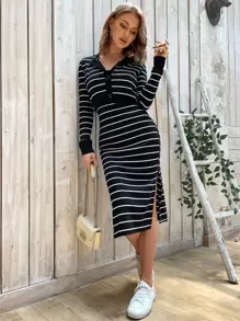 SHEIN Essnce Vestido de tirantes de rayas tejido de canalé con abrigo - Negro - Ver 7