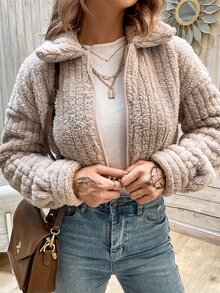 SHEIN LUNE Cazadora teddy con cremallera de hombros caídos corto - Caqui - Ver 7