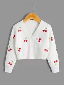 SHEIN Niñas Cárdigan con patrón de cereza - Blanco - Ver 1